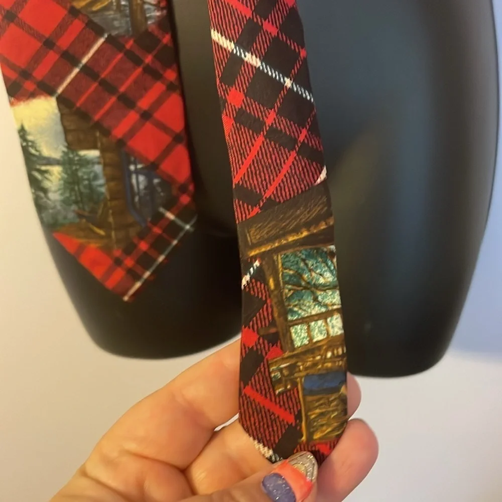 Structure Silk Italian Fabric Vintage Red Plaid Cabin in Woods Necktie Tie